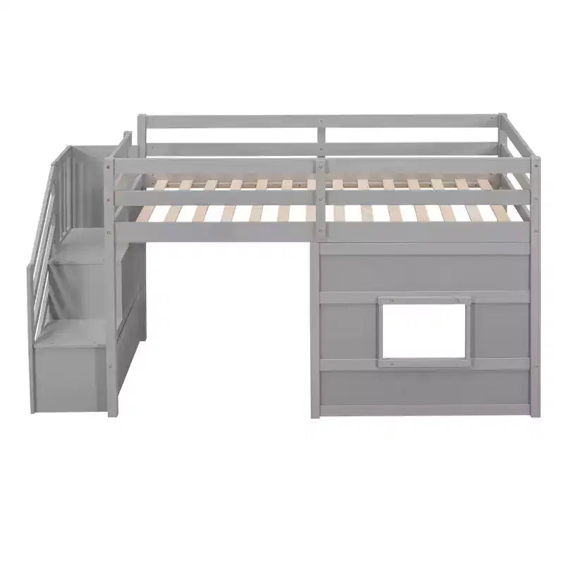 Cama alta baja individual con escalera, cama alta infantil con almacenamiento, estructura de madera maciza para niños y niñas, gris