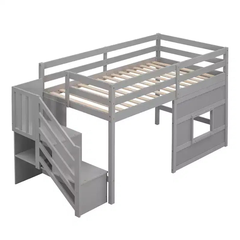 Cama alta baja individual con escalera, cama alta infantil con almacenamiento, estructura de madera maciza para niños y niñas, gris