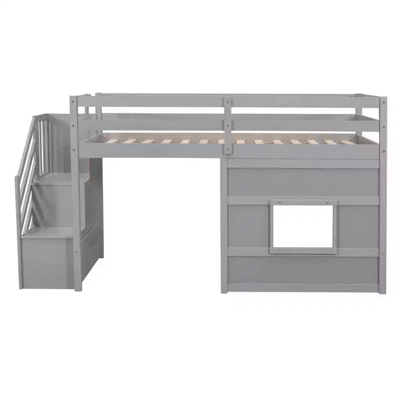 Cama alta baja individual con escalera, cama alta infantil con almacenamiento, estructura de madera maciza para niños y niñas, gris