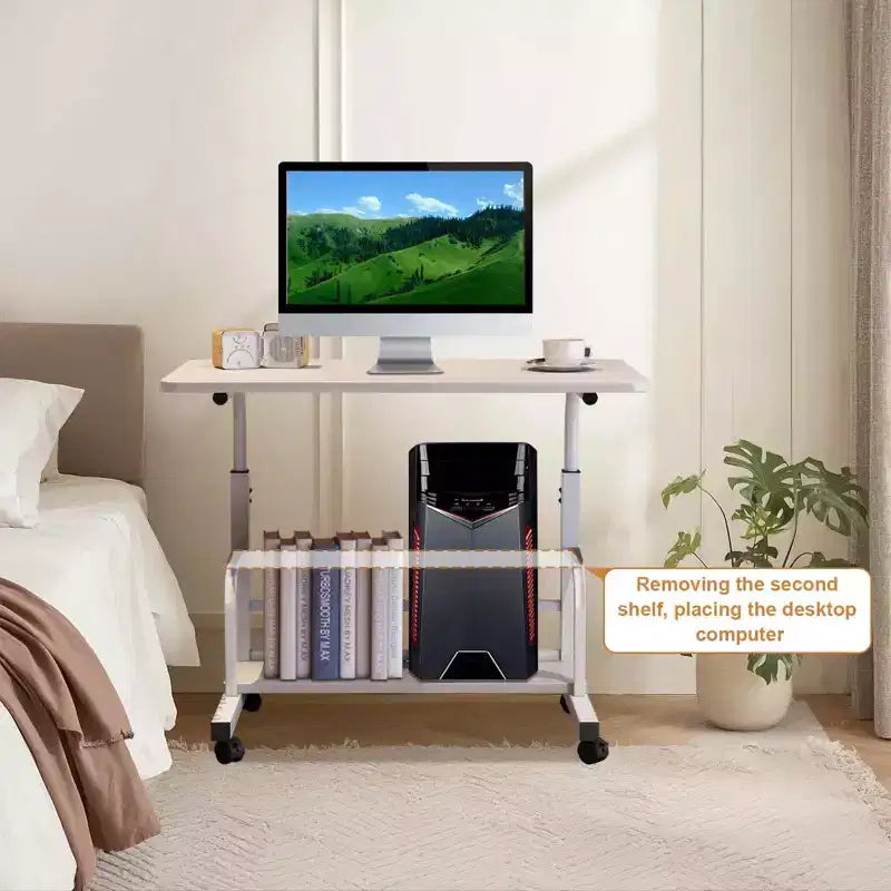 Mobiler Schreibtisch mit Rollen, Computer-Schreibtisch für kleine Räume, kleiner Stehschreibtisch mit Ablagen fürs Arbeitszimmer zu Hause, Beistelltisch fürs Sofa