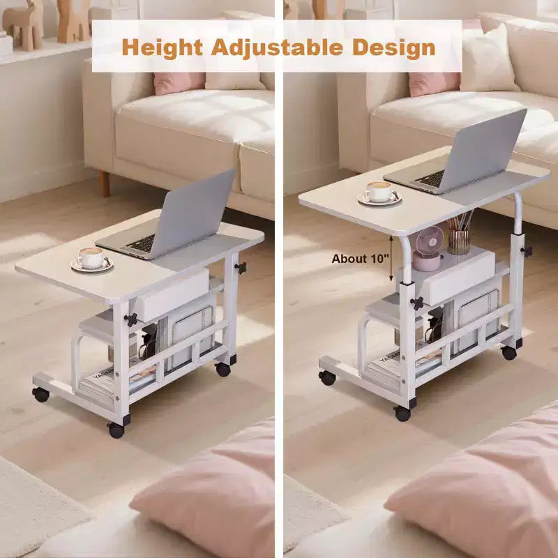 Mobiler Schreibtisch mit Rollen, Computer-Schreibtisch für kleine Räume, kleiner Stehschreibtisch mit Ablagen fürs Arbeitszimmer zu Hause, Beistelltisch fürs Sofa