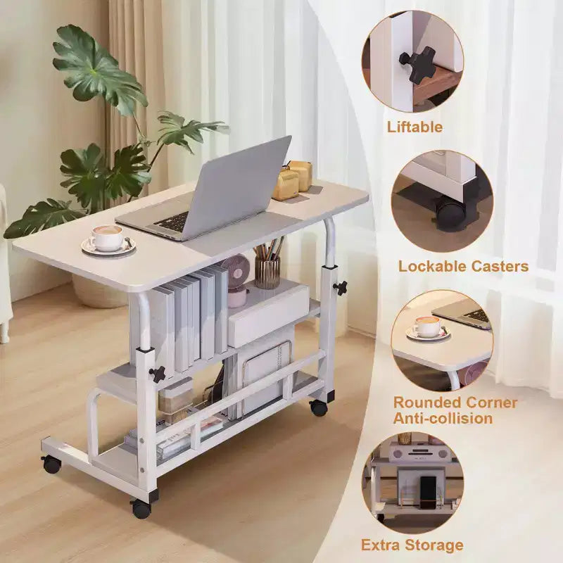 Mobiler Schreibtisch mit Rollen, Computer-Schreibtisch für kleine Räume, kleiner Stehschreibtisch mit Ablagen fürs Arbeitszimmer zu Hause, Beistelltisch fürs Sofa