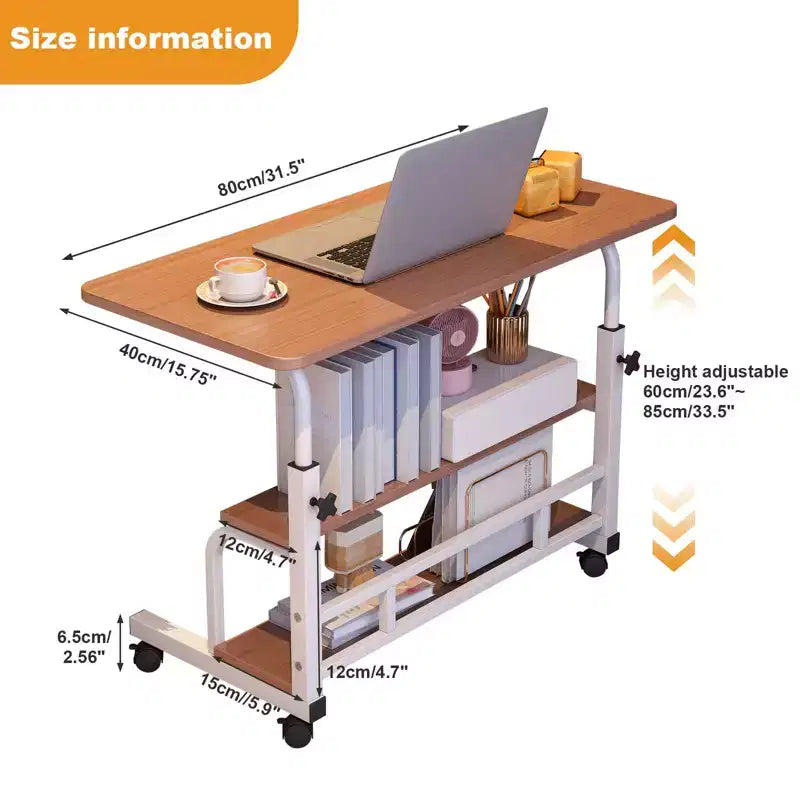Mobiler Schreibtisch mit Rollen, Computer-Schreibtisch für kleine Räume, kleiner Stehschreibtisch mit Ablagen fürs Arbeitszimmer zu Hause, Beistelltisch fürs Sofa