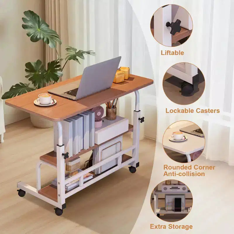 Mobiler Schreibtisch mit Rollen, Computer-Schreibtisch für kleine Räume, kleiner Stehschreibtisch mit Ablagen fürs Arbeitszimmer zu Hause, Beistelltisch fürs Sofa