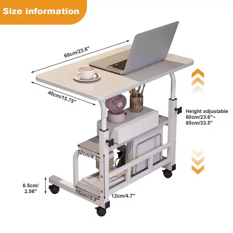 Mobiler Schreibtisch mit Rollen, Computer-Schreibtisch für kleine Räume, kleiner Stehschreibtisch mit Ablagen fürs Arbeitszimmer zu Hause, Beistelltisch fürs Sofa