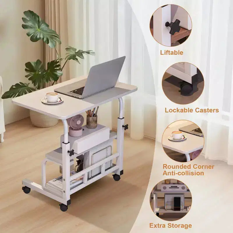 Mobiler Schreibtisch mit Rollen, Computer-Schreibtisch für kleine Räume, kleiner Stehschreibtisch mit Ablagen fürs Arbeitszimmer zu Hause, Beistelltisch fürs Sofa