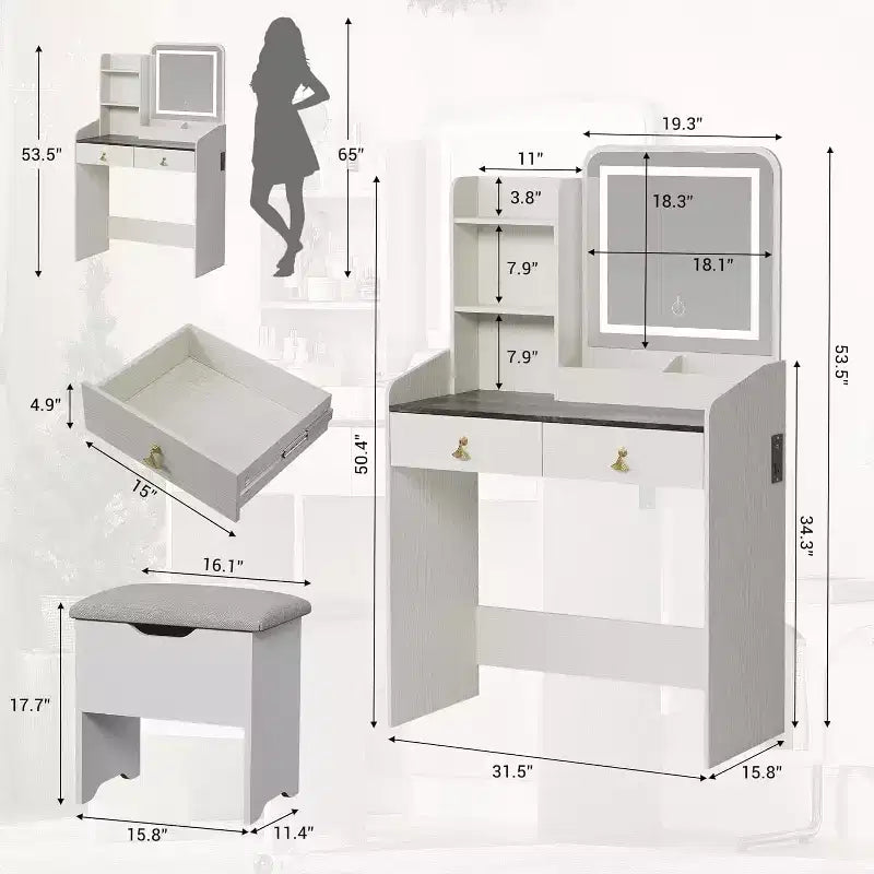 Tocador de maquillaje con espejo e iluminación, mesa de maquillaje pequeña con banco tapizado y almacenamiento, 2 cajones grandes y estantería abierta de 3 niveles para dormitorio