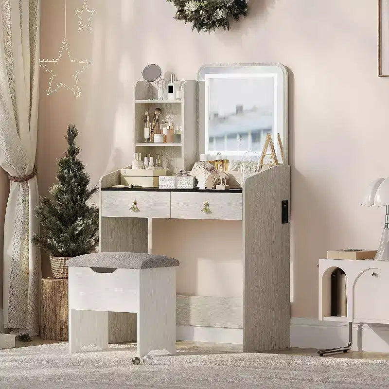 Tocador de maquillaje con espejo e iluminación, mesa de maquillaje pequeña con banco tapizado y almacenamiento, 2 cajones grandes y estantería abierta de 3 niveles para dormitorio