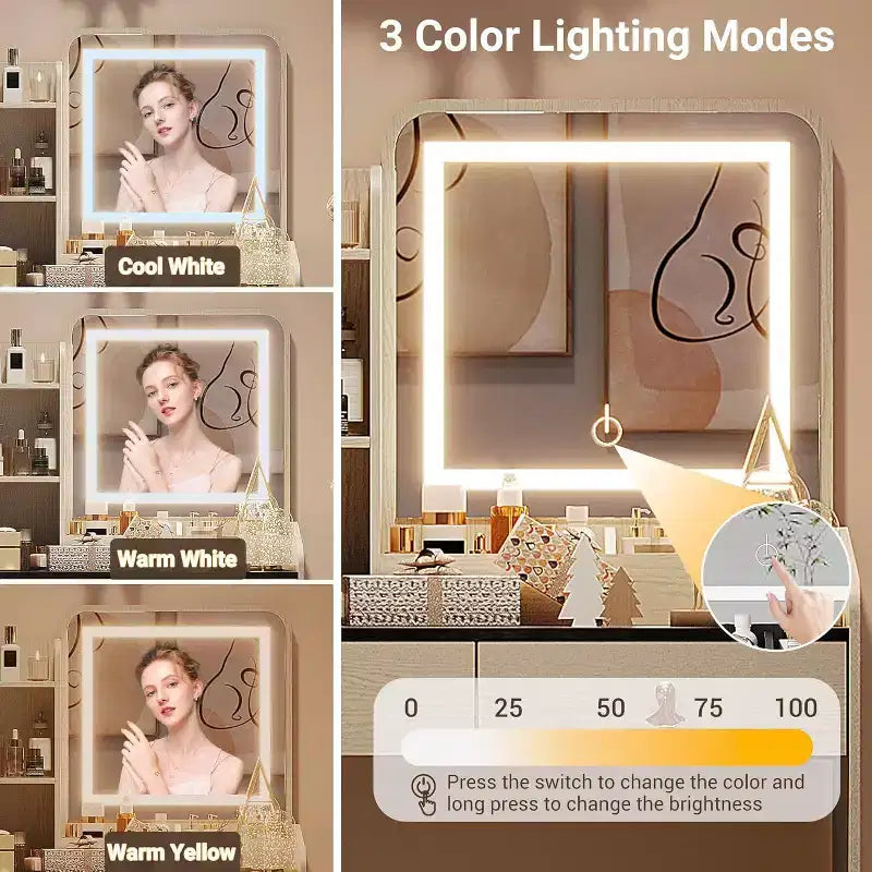 Tocador de maquillaje con espejo e iluminación, mesa de maquillaje pequeña con banco tapizado y almacenamiento, 2 cajones grandes y estantería abierta de 3 niveles para dormitorio