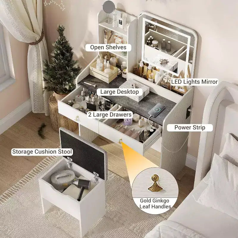 Tocador de maquillaje con espejo e iluminación, mesa de maquillaje pequeña con banco tapizado y almacenamiento, 2 cajones grandes y estantería abierta de 3 niveles para dormitorio