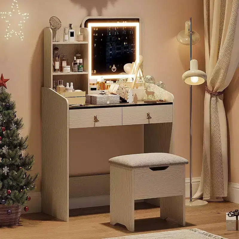 Tocador de maquillaje con espejo e iluminación, mesa de maquillaje pequeña con banco tapizado y almacenamiento, 2 cajones grandes y estantería abierta de 3 niveles para dormitorio