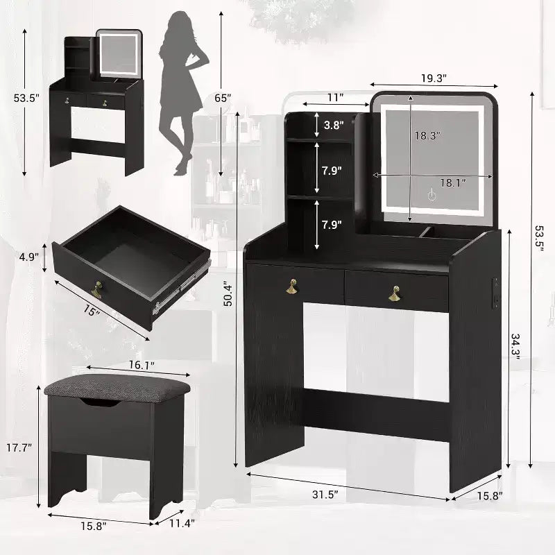 Tocador de maquillaje con espejo e iluminación, mesa de maquillaje pequeña con banco tapizado y almacenamiento, 2 cajones grandes y estantería abierta de 3 niveles para dormitorio
