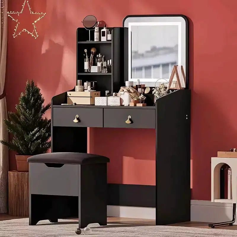 Tocador de maquillaje con espejo e iluminación, mesa de maquillaje pequeña con banco tapizado y almacenamiento, 2 cajones grandes y estantería abierta de 3 niveles para dormitorio
