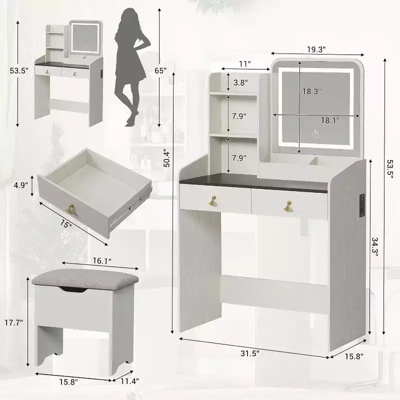 Coiffeuse avec miroir et éclairage, petite coiffeuse avec banc de rangement rembourré, 2 grands tiroirs et étagères ouvertes à 3 niveaux pour la chambre