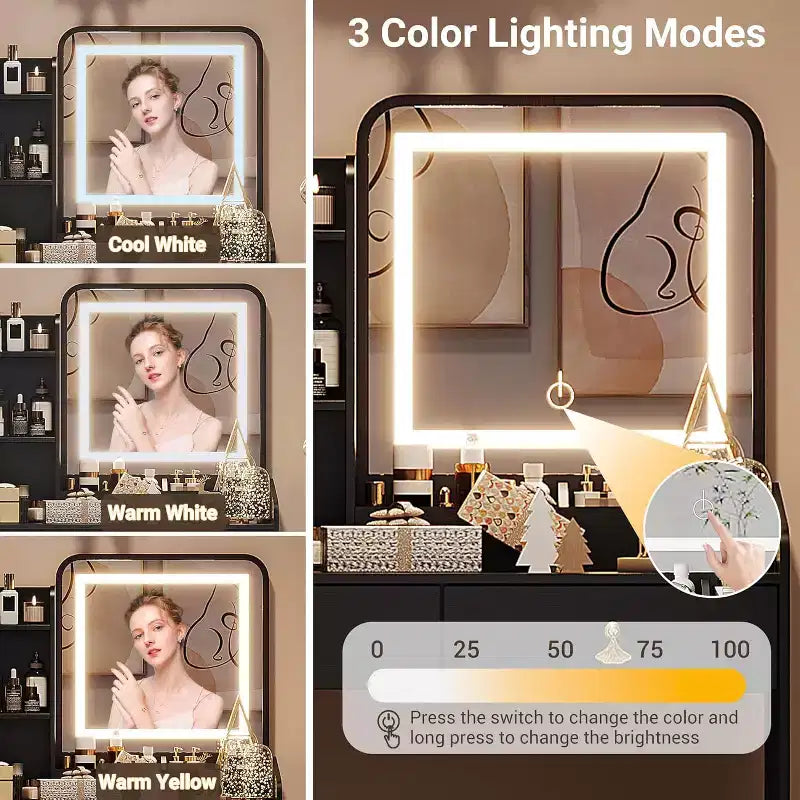 Tocador de maquillaje con espejo e iluminación, mesa de maquillaje pequeña con banco tapizado y almacenamiento, 2 cajones grandes y estantería abierta de 3 niveles para dormitorio