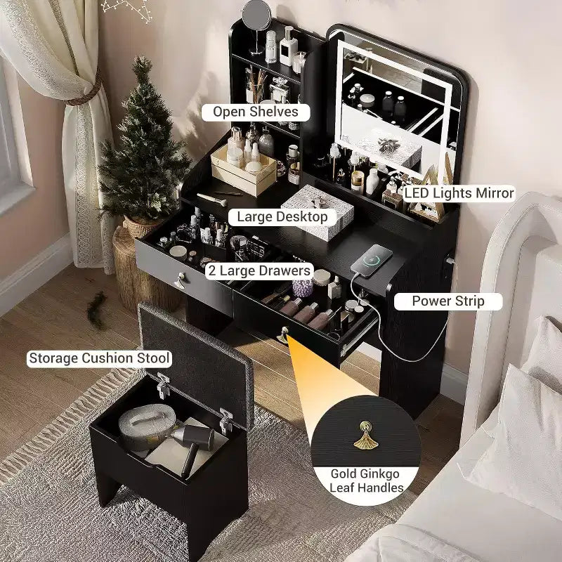 Tocador de maquillaje con espejo e iluminación, mesa de maquillaje pequeña con banco tapizado y almacenamiento, 2 cajones grandes y estantería abierta de 3 niveles para dormitorio