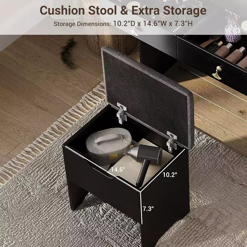 Tocador de maquillaje con espejo e iluminación, mesa de maquillaje pequeña con banco tapizado y almacenamiento, 2 cajones grandes y estantería abierta de 3 niveles para dormitorio