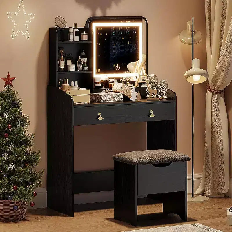 Tocador de maquillaje con espejo e iluminación, mesa de maquillaje pequeña con banco tapizado y almacenamiento, 2 cajones grandes y estantería abierta de 3 niveles para dormitorio