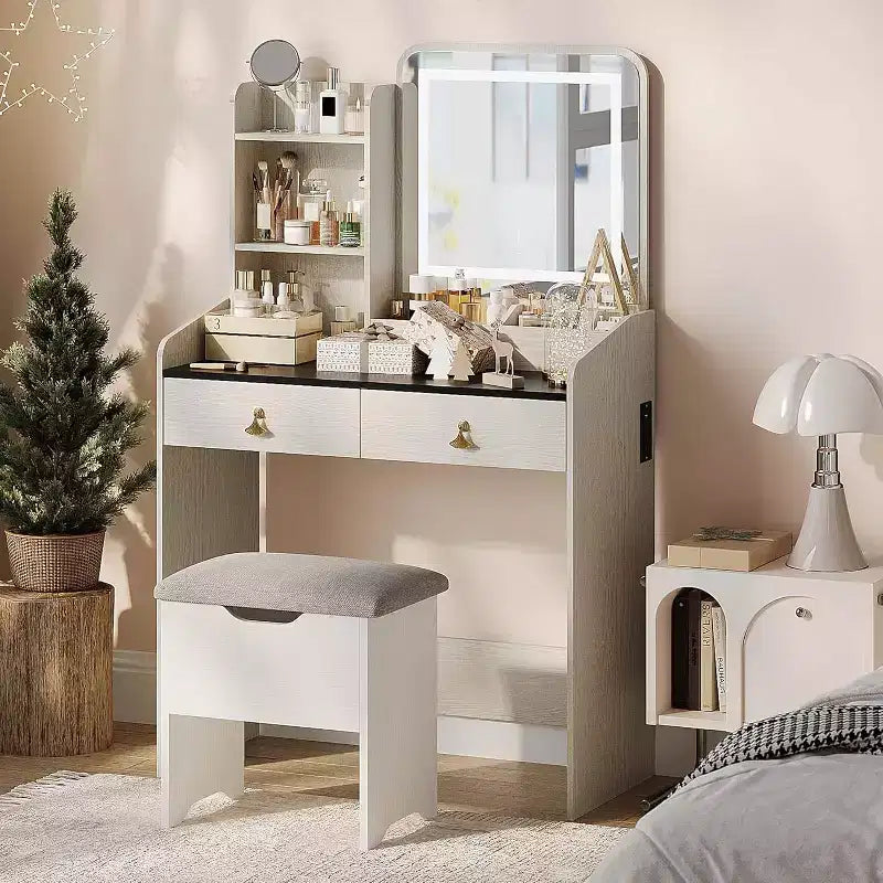 Tocador de maquillaje con espejo e iluminación, mesa de maquillaje pequeña con banco tapizado y almacenamiento, 2 cajones grandes y estantería abierta de 3 niveles para dormitorio
