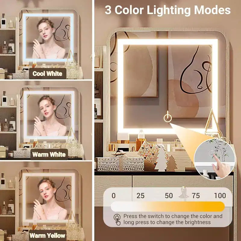 Tocador de maquillaje con espejo e iluminación, mesa de maquillaje pequeña con banco tapizado y almacenamiento, 2 cajones grandes y estantería abierta de 3 niveles para dormitorio