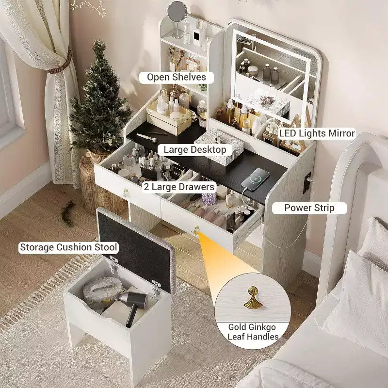 Tocador de maquillaje con espejo e iluminación, mesa de maquillaje pequeña con banco tapizado y almacenamiento, 2 cajones grandes y estantería abierta de 3 niveles para dormitorio