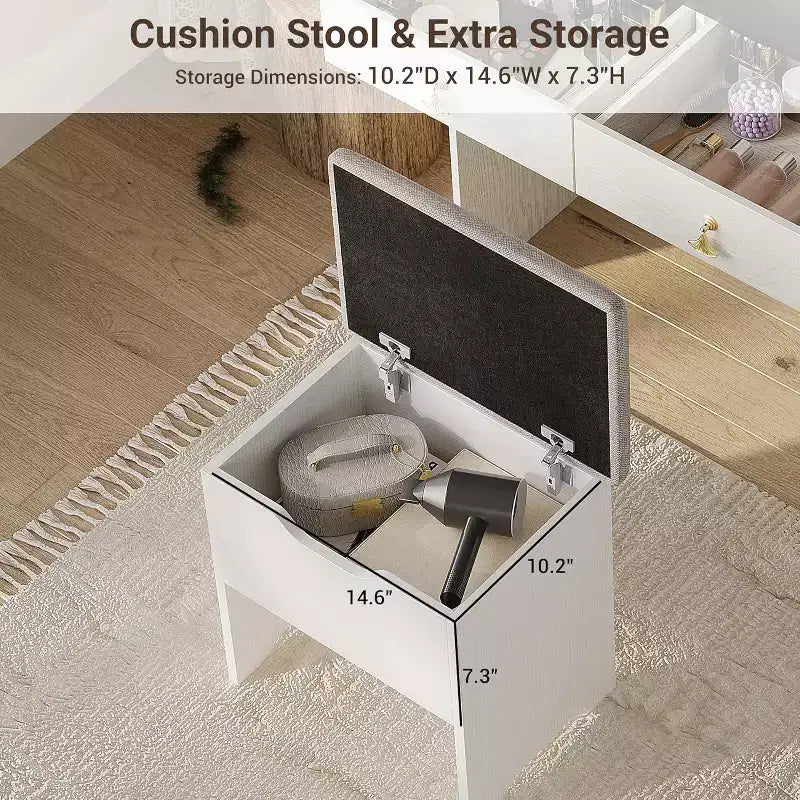 Tocador de maquillaje con espejo e iluminación, mesa de maquillaje pequeña con banco tapizado y almacenamiento, 2 cajones grandes y estantería abierta de 3 niveles para dormitorio