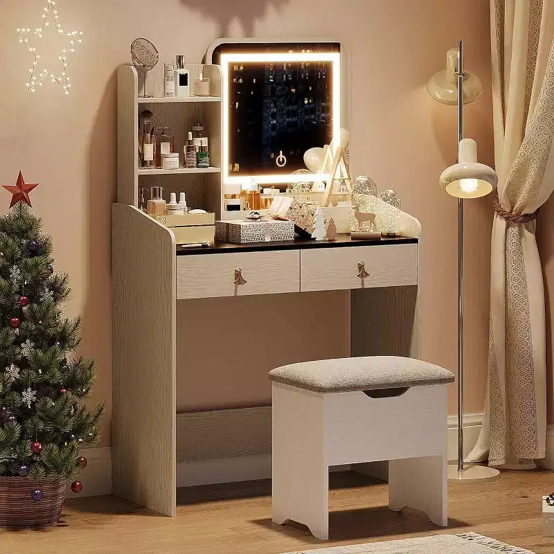 Tocador de maquillaje con espejo e iluminación, mesa de maquillaje pequeña con banco tapizado y almacenamiento, 2 cajones grandes y estantería abierta de 3 niveles para dormitorio