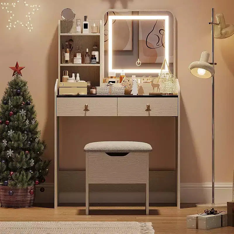 Tocador de maquillaje con espejo e iluminación, mesa de maquillaje pequeña con banco tapizado y almacenamiento, 2 cajones grandes y estantería abierta de 3 niveles para dormitorio