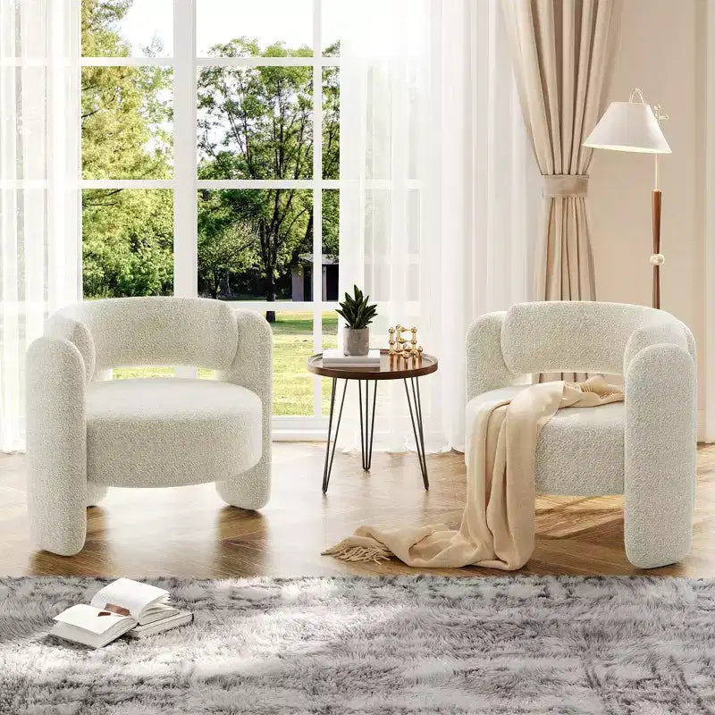 Sillón decorativo moderno con brazos redondeados y tapizado de chenilla afelpada para sala de estar, dormitorio y oficina, diseño redondo cómodo, fácil de montar, blanco