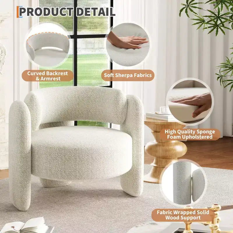 Sillón decorativo moderno con brazos redondeados y tapizado de chenilla afelpada para sala de estar, dormitorio y oficina, diseño redondo cómodo, fácil de montar, blanco