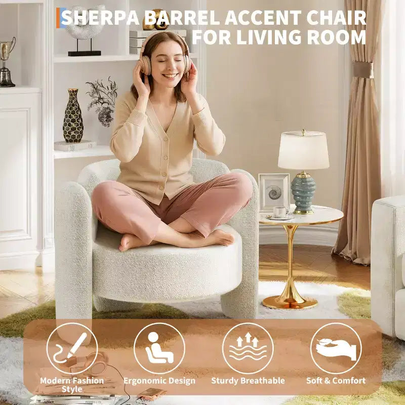 Sillón decorativo moderno con brazos redondeados y tapizado de chenilla afelpada para sala de estar, dormitorio y oficina, diseño redondo cómodo, fácil de montar, blanco