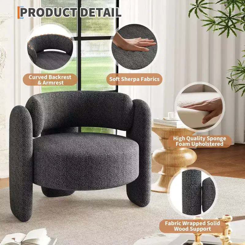 Sillón decorativo moderno con brazos redondeados y tapizado de chenilla afelpada para sala de estar, dormitorio y oficina, diseño redondo cómodo, fácil de montar, blanco
