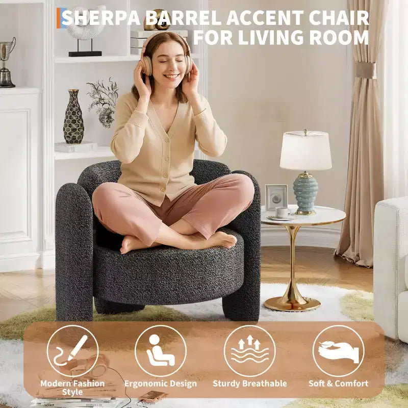Sillón decorativo moderno con brazos redondeados y tapizado de chenilla afelpada para sala de estar, dormitorio y oficina, diseño redondo cómodo, fácil de montar, blanco