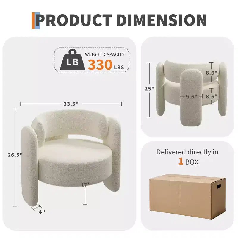Sillón decorativo moderno con brazos redondeados y tapizado de chenilla afelpada para sala de estar, dormitorio y oficina, diseño redondo cómodo, fácil de montar, blanco
