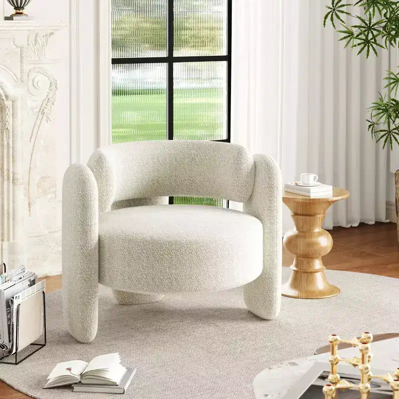 Sillón decorativo moderno con brazos redondeados y tapizado de chenilla afelpada para sala de estar, dormitorio y oficina, diseño redondo cómodo, fácil de montar, blanco