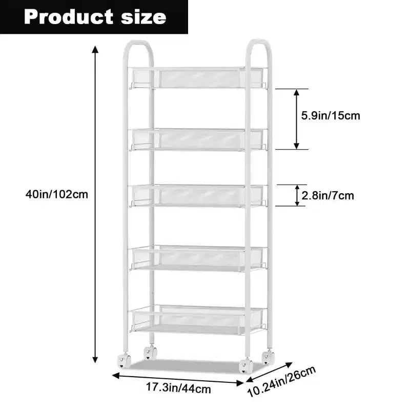Carrito rodante de 5 niveles con ruedas con bloqueo, organizador metálico de almacenamiento para cocina, baño y sala de estar, carrito utilitario móvil para frutas