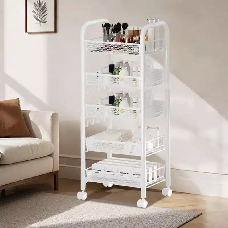 Carrito rodante de 5 niveles con ruedas con bloqueo, organizador metálico de almacenamiento para cocina, baño y sala de estar, carrito utilitario móvil para frutas