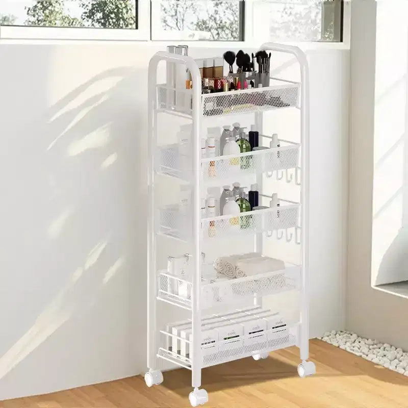 Carrito rodante de 5 niveles con ruedas con bloqueo, organizador metálico de almacenamiento para cocina, baño y sala de estar, carrito utilitario móvil para frutas