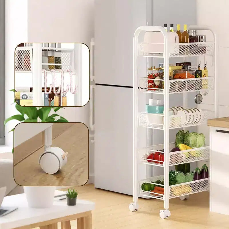 Carrito rodante de 5 niveles con ruedas con bloqueo, organizador metálico de almacenamiento para cocina, baño y sala de estar, carrito utilitario móvil para frutas