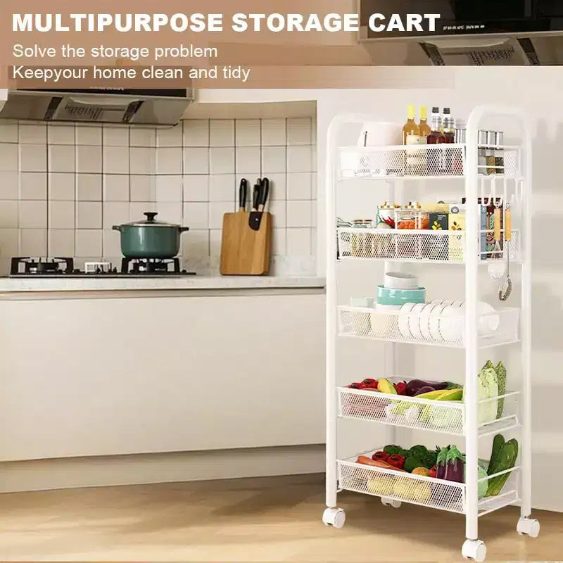 Carrito rodante de 5 niveles con ruedas con bloqueo, organizador metálico de almacenamiento para cocina, baño y sala de estar, carrito utilitario móvil para frutas