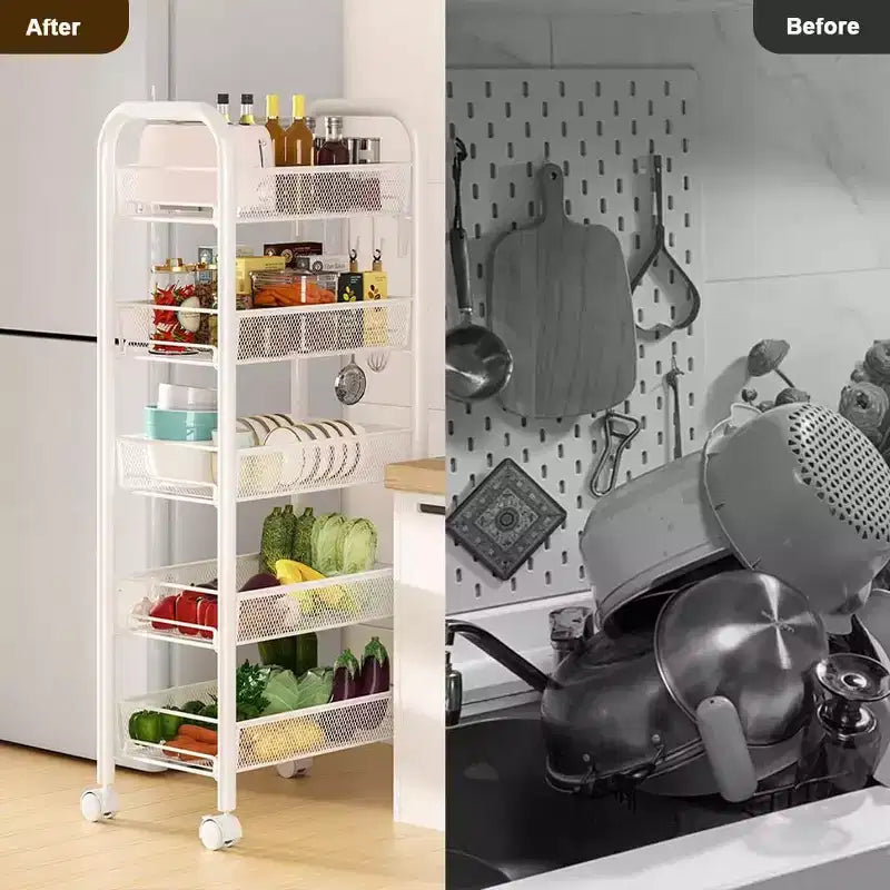 Carrito rodante de 5 niveles con ruedas con bloqueo, organizador metálico de almacenamiento para cocina, baño y sala de estar, carrito utilitario móvil para frutas