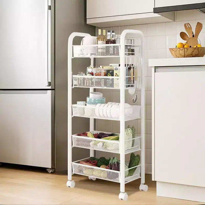 Carrito rodante de 5 niveles con ruedas con bloqueo, organizador metálico de almacenamiento para cocina, baño y sala de estar, carrito utilitario móvil para frutas