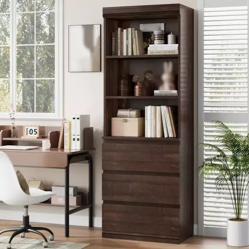 70 Zoll hohes Bücherregal mit 3 Schubladen, Bücherregal aus Holz mit offenen Fächern, freistehender Aufbewahrungsschrank mit Ablageflächen für Wohnzimmer, Schlafzimmer, Küche und Büro