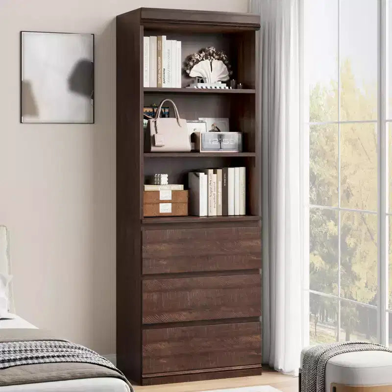 70 Zoll hohes Bücherregal mit 3 Schubladen, Bücherregal aus Holz mit offenen Fächern, freistehender Aufbewahrungsschrank mit Ablageflächen für Wohnzimmer, Schlafzimmer, Küche und Büro