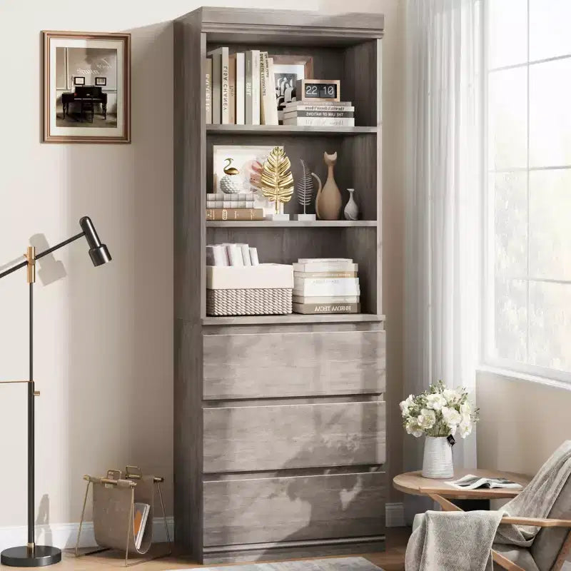 70 Zoll hohes Bücherregal mit 3 Schubladen, Bücherregal aus Holz mit offenen Fächern, freistehender Aufbewahrungsschrank mit Ablageflächen für Wohnzimmer, Schlafzimmer, Küche und Büro