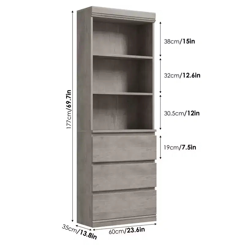 70 Zoll hohes Bücherregal mit 3 Schubladen, Bücherregal aus Holz mit offenen Fächern, freistehender Aufbewahrungsschrank mit Ablageflächen für Wohnzimmer, Schlafzimmer, Küche und Büro