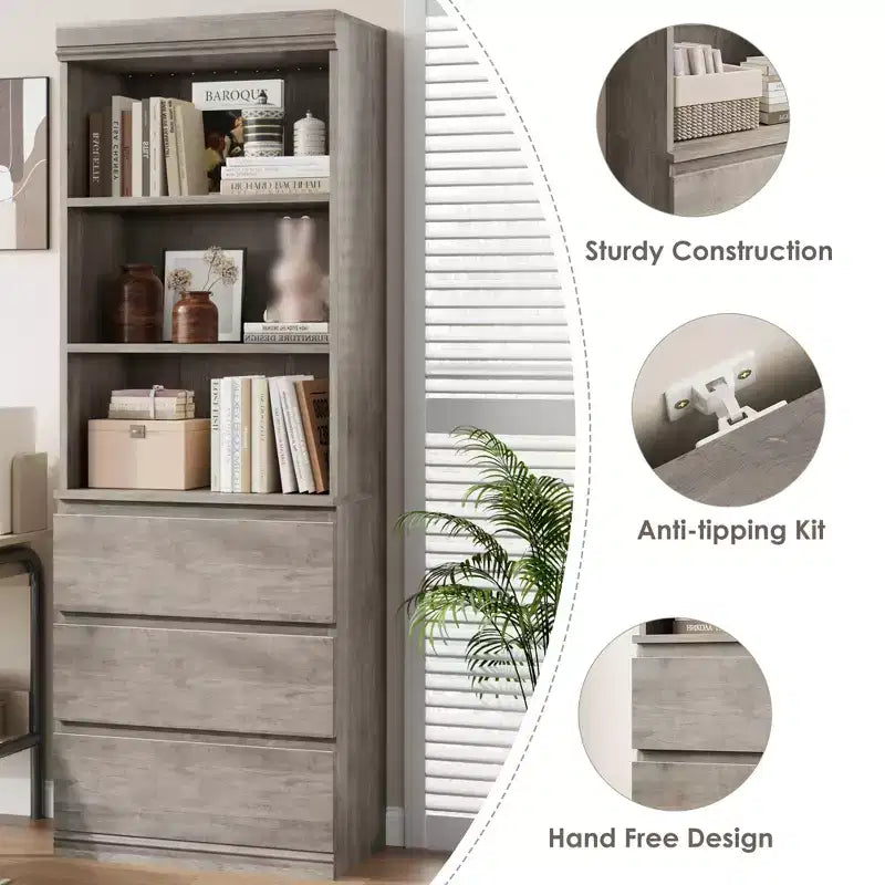 70 Zoll hohes Bücherregal mit 3 Schubladen, Bücherregal aus Holz mit offenen Fächern, freistehender Aufbewahrungsschrank mit Ablageflächen für Wohnzimmer, Schlafzimmer, Küche und Büro