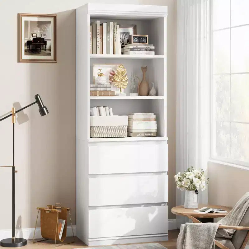 70 Zoll hohes Bücherregal mit 3 Schubladen, Bücherregal aus Holz mit offenen Fächern, freistehender Aufbewahrungsschrank mit Ablageflächen für Wohnzimmer, Schlafzimmer, Küche und Büro