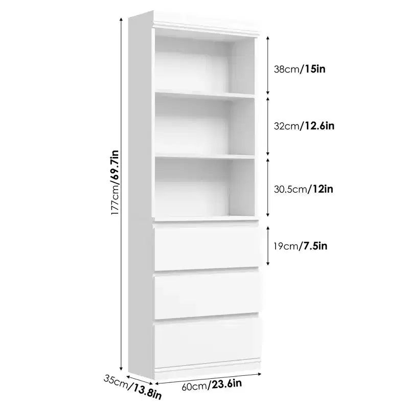 70 Zoll hohes Bücherregal mit 3 Schubladen, Bücherregal aus Holz mit offenen Fächern, freistehender Aufbewahrungsschrank mit Ablageflächen für Wohnzimmer, Schlafzimmer, Küche und Büro