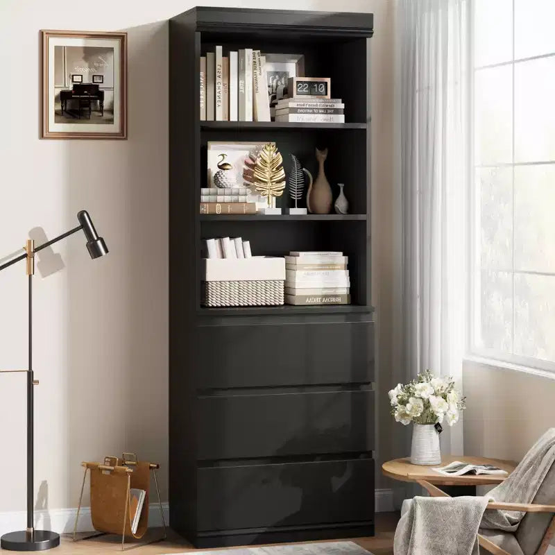 70 Zoll hohes Bücherregal mit 3 Schubladen, Bücherregal aus Holz mit offenen Fächern, freistehender Aufbewahrungsschrank mit Ablageflächen für Wohnzimmer, Schlafzimmer, Küche und Büro